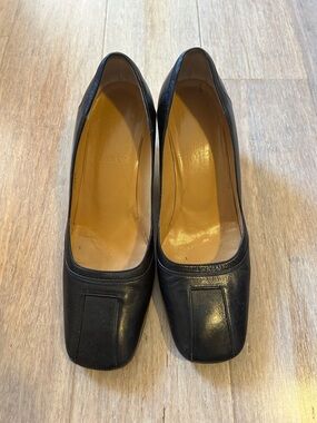 Bally, Italy Black Leather Cervia Court Shoes, Square Toe, Stack Heels US 6